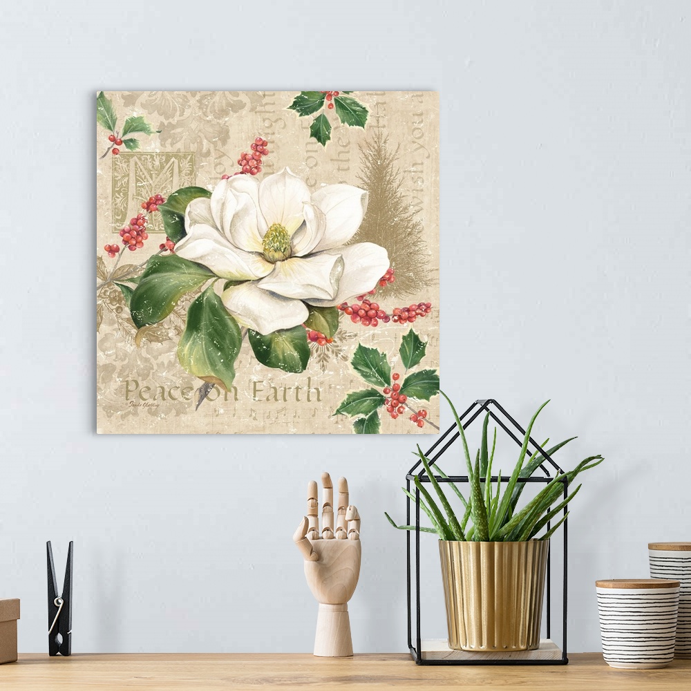A bohemian room featuring A decorative design of a large magnolia flower and holly on a beige background with text and flor...
