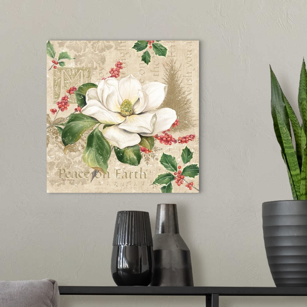 A modern room featuring A decorative design of a large magnolia flower and holly on a beige background with text and flor...