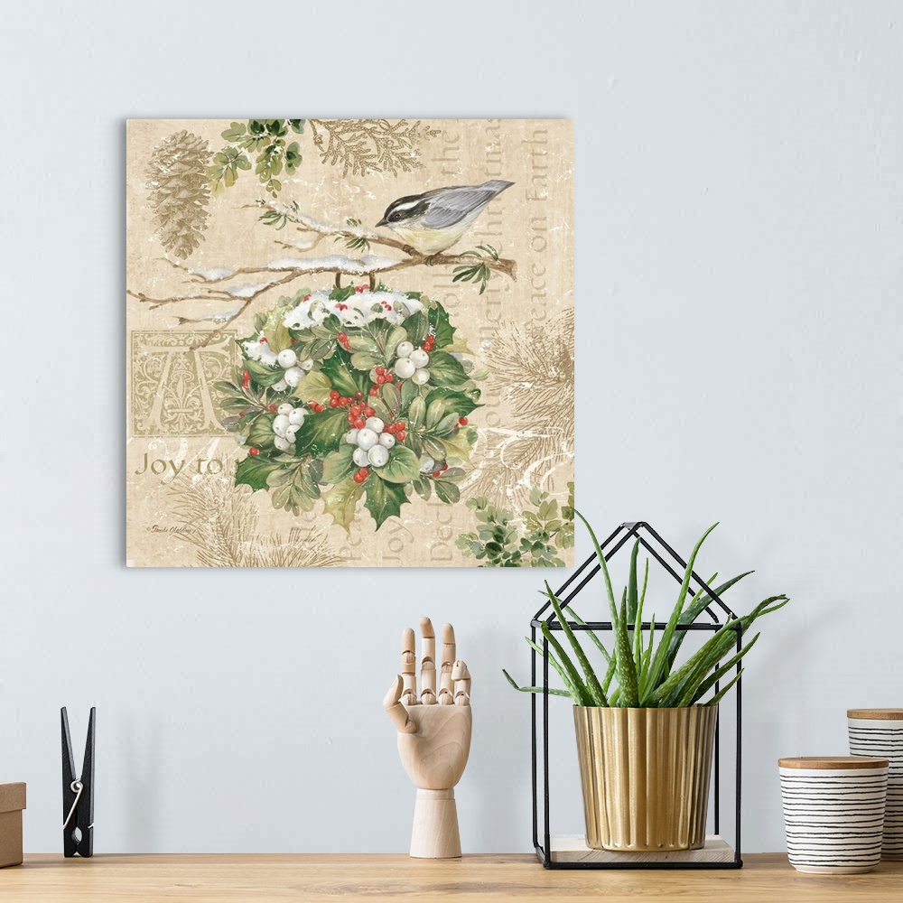 A bohemian room featuring A decorative design of a winter bird on holly on a beige background with text and floral designs ...