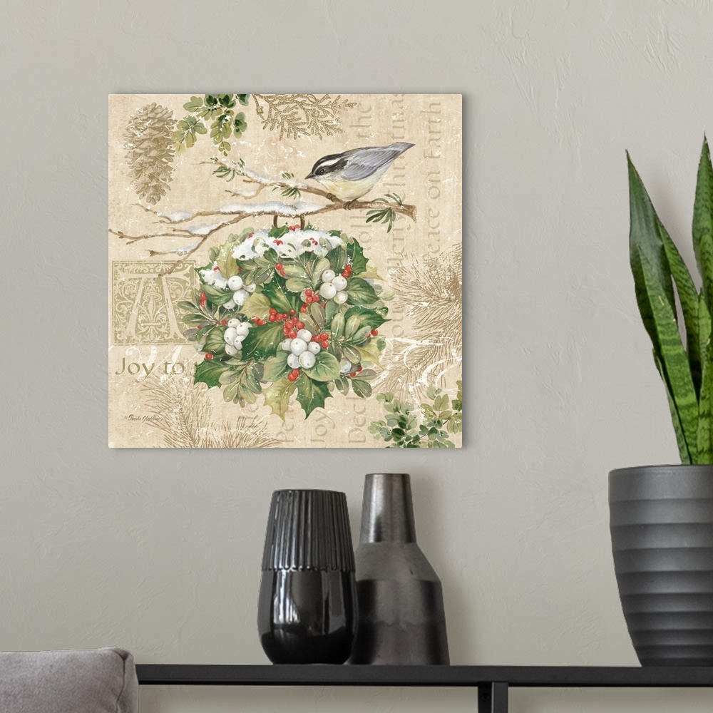 A modern room featuring A decorative design of a winter bird on holly on a beige background with text and floral designs ...