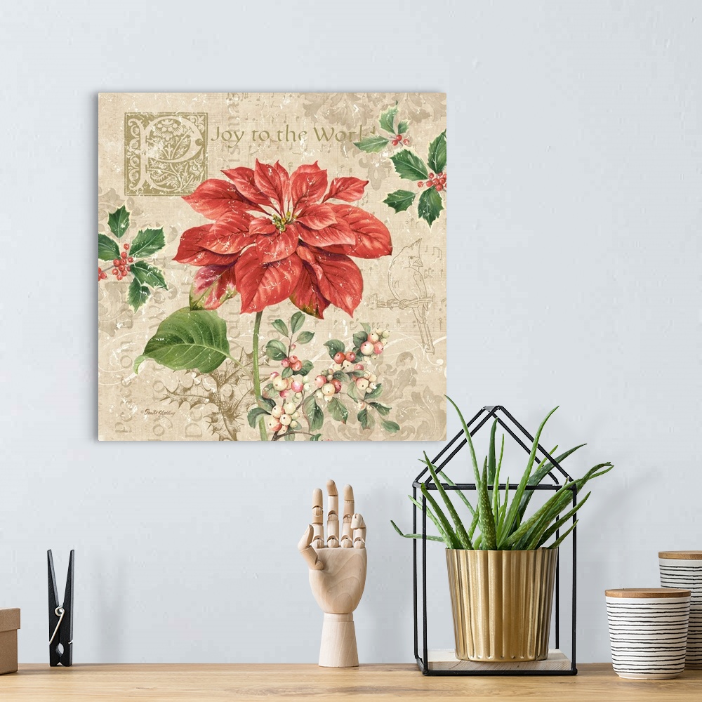 A bohemian room featuring A decorative design of a large poinsettia flower and holly on a beige background with text and fl...