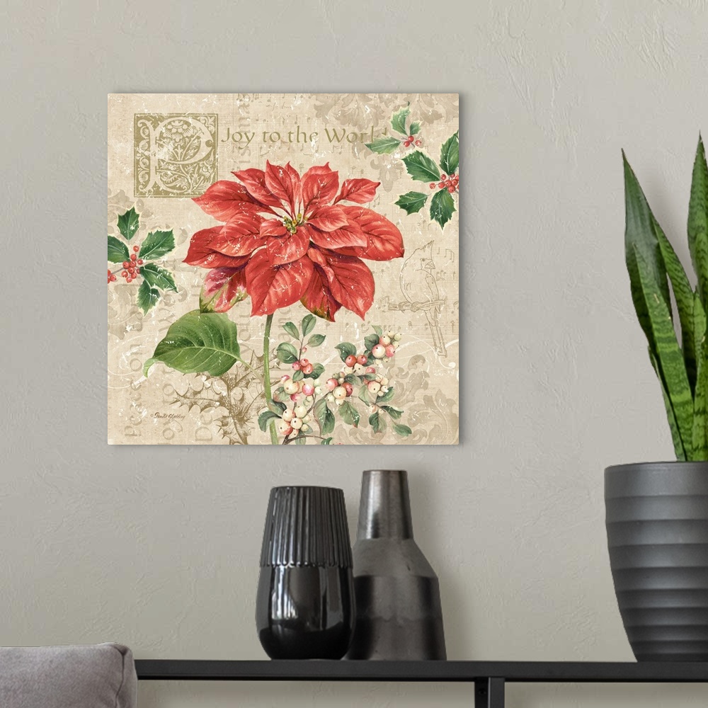 A modern room featuring A decorative design of a large poinsettia flower and holly on a beige background with text and fl...