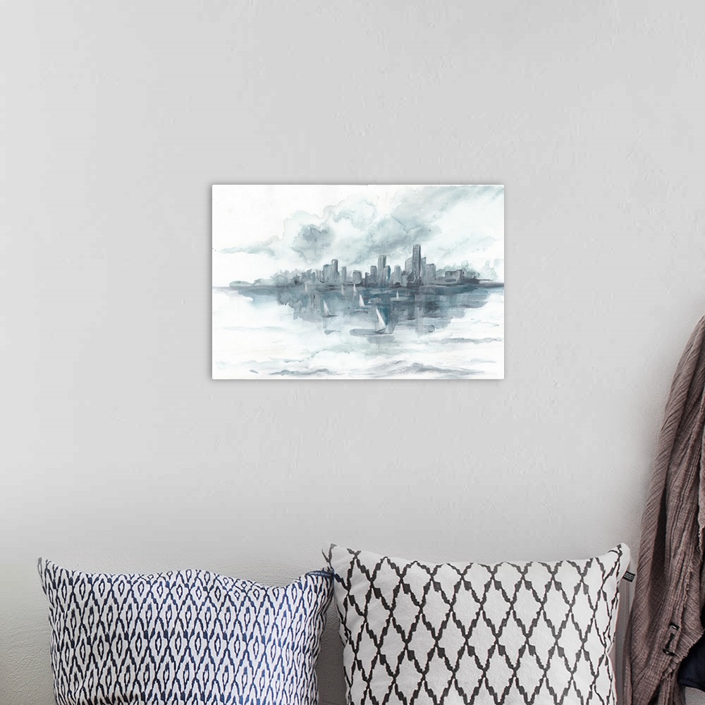 A bohemian room featuring Horizontal watercolor painting of a city skyline with sailboats in the foreground.
