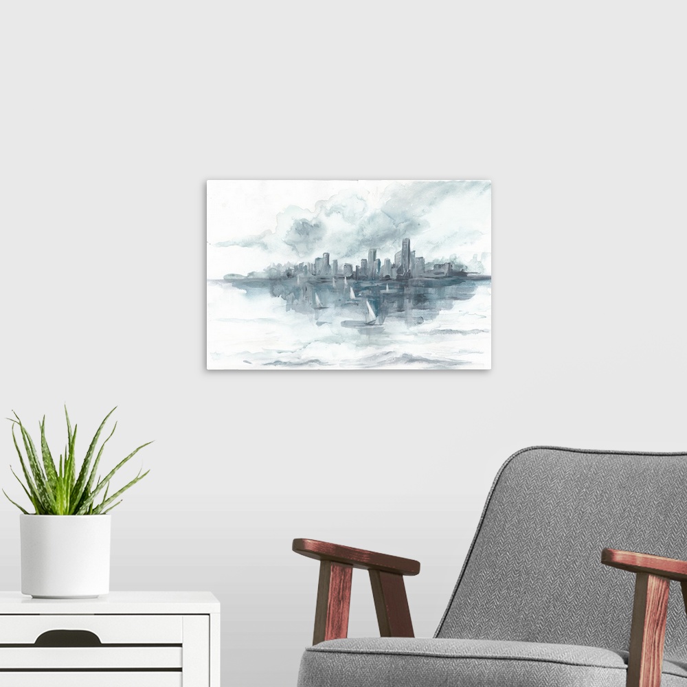 A modern room featuring Horizontal watercolor painting of a city skyline with sailboats in the foreground.