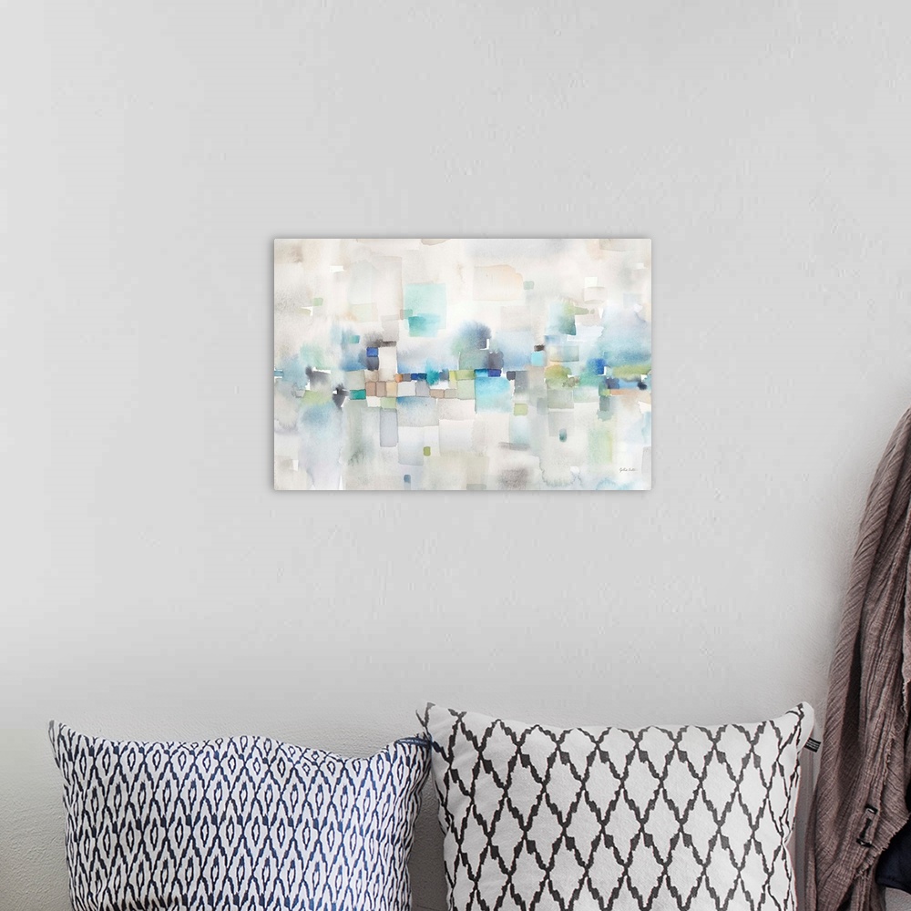 A bohemian room featuring Horizontal abstract watercolor painting in blurred square shapes in muted tones of brown, blue an...