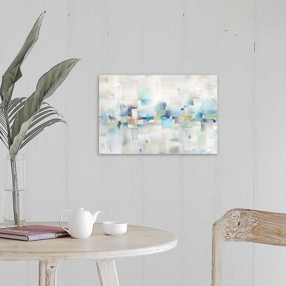 A farmhouse room featuring Horizontal abstract watercolor painting in blurred square shapes in muted tones of brown, blue an...