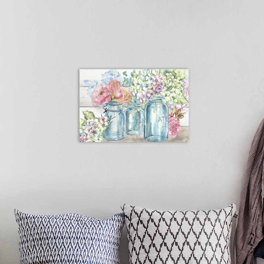 A bohemian room featuring A decorative painting of glass mason jars full of spring flowers in pastel tones.