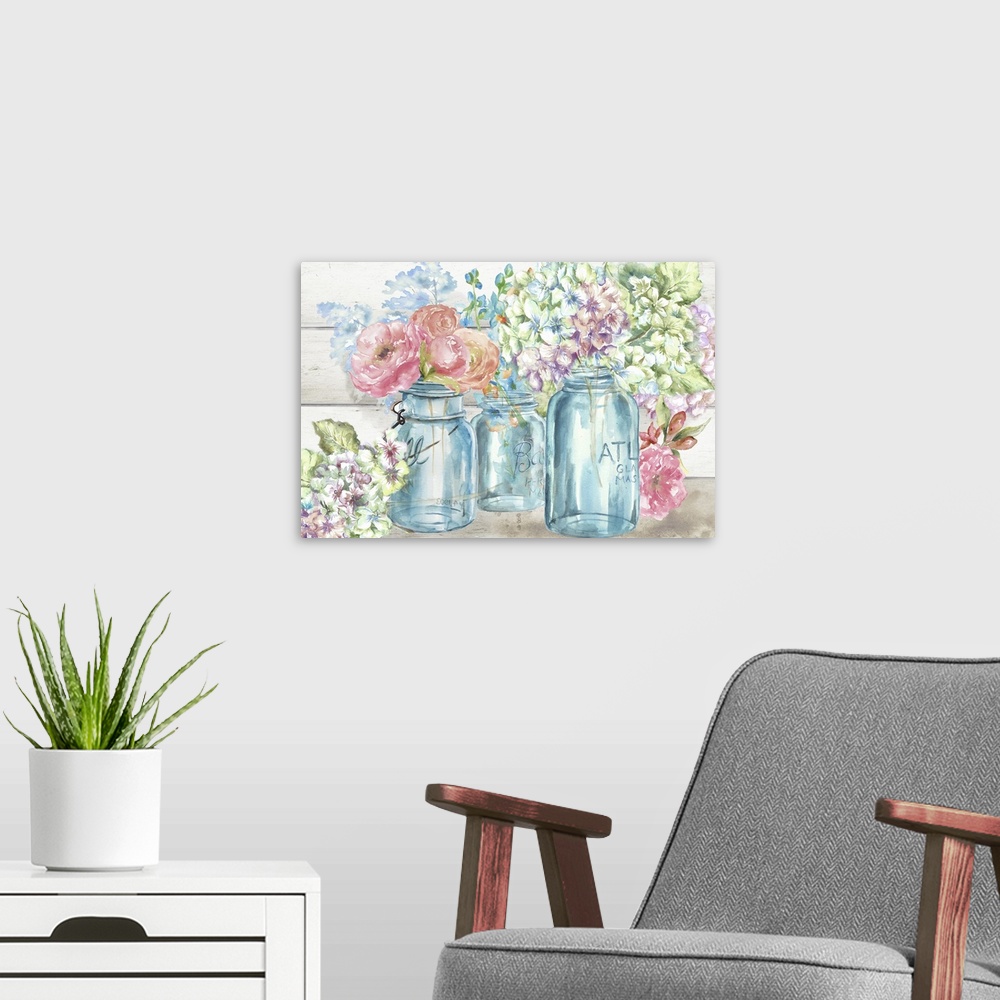 A modern room featuring A decorative painting of glass mason jars full of spring flowers in pastel tones.