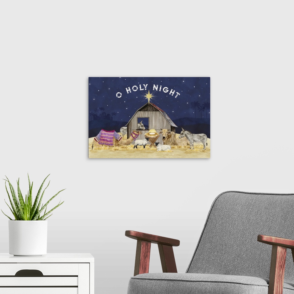 A modern room featuring Come Let Us Adore Him Landscape VI - O Holy Night
