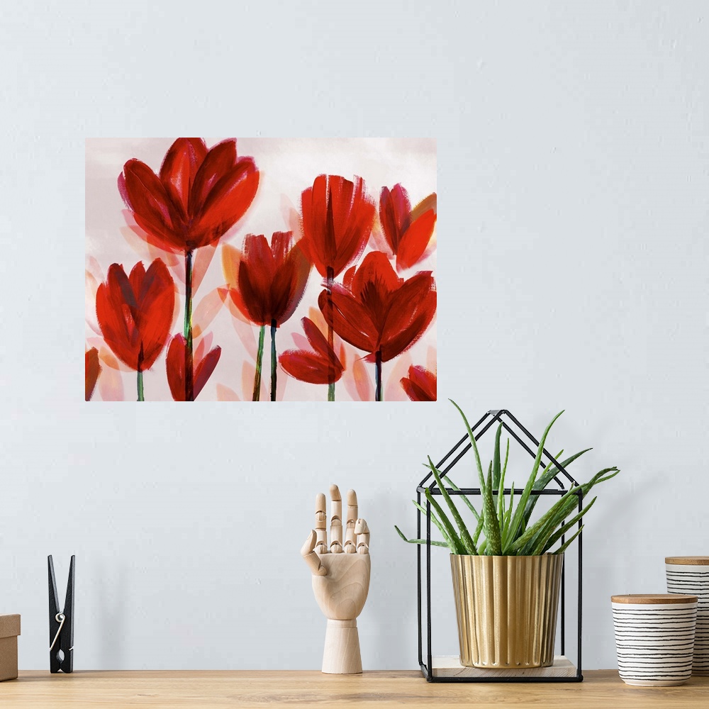 A bohemian room featuring A contemporary painting of bright red poppies in broad brush strokes on a neutral backdrop.