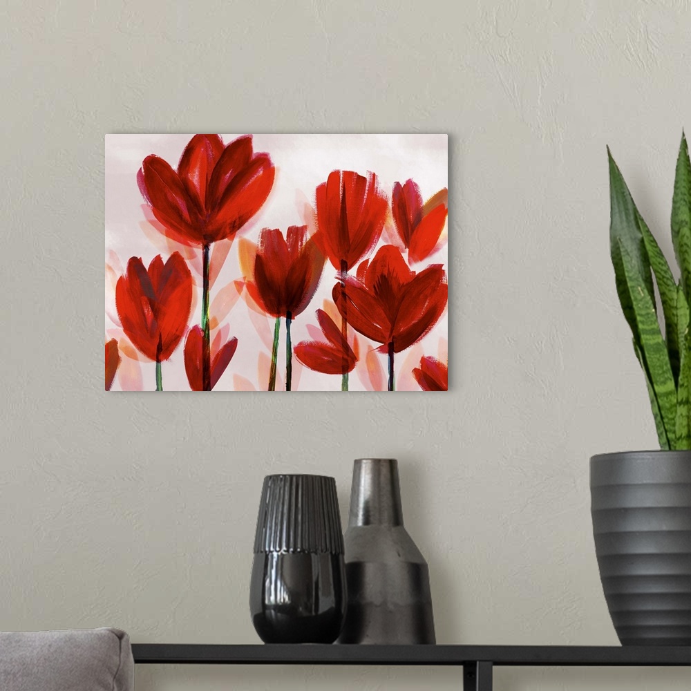 A modern room featuring A contemporary painting of bright red poppies in broad brush strokes on a neutral backdrop.