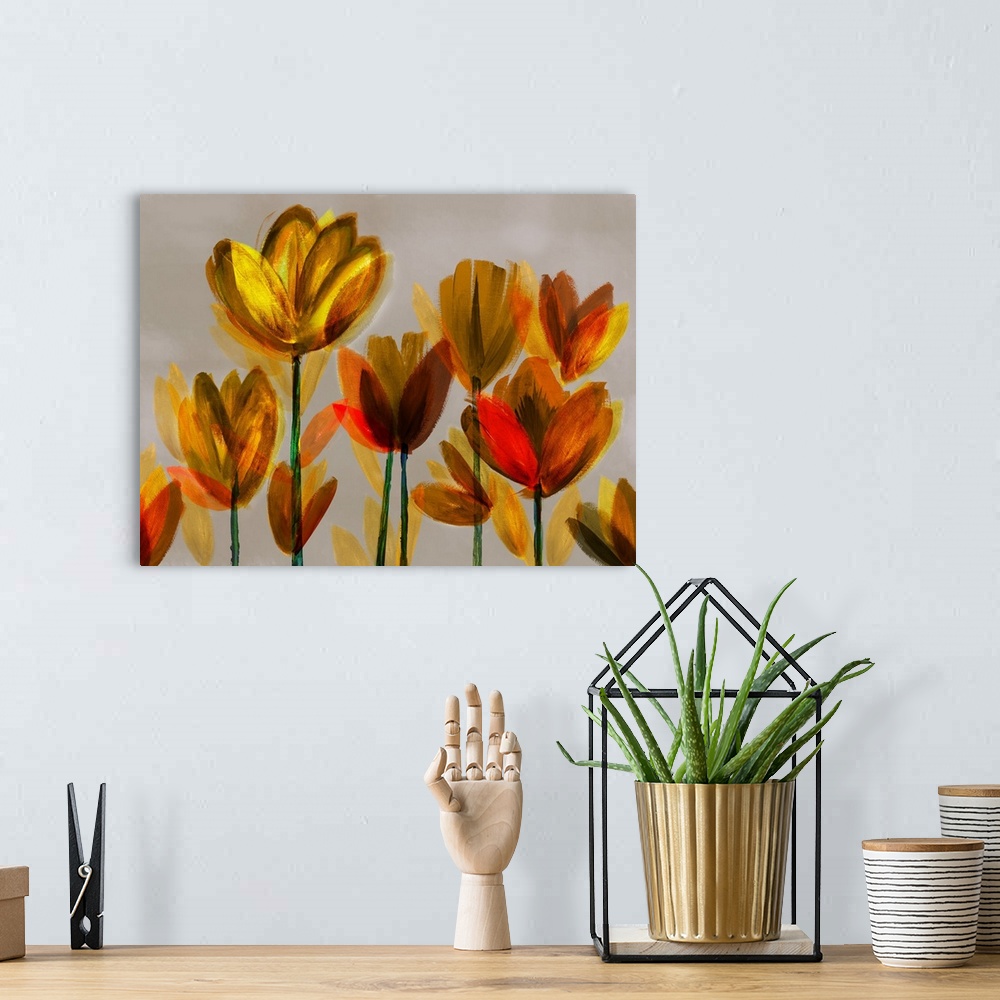 A bohemian room featuring A contemporary painting of bright yellow and orange poppies in broad brush strokes on a neutral b...