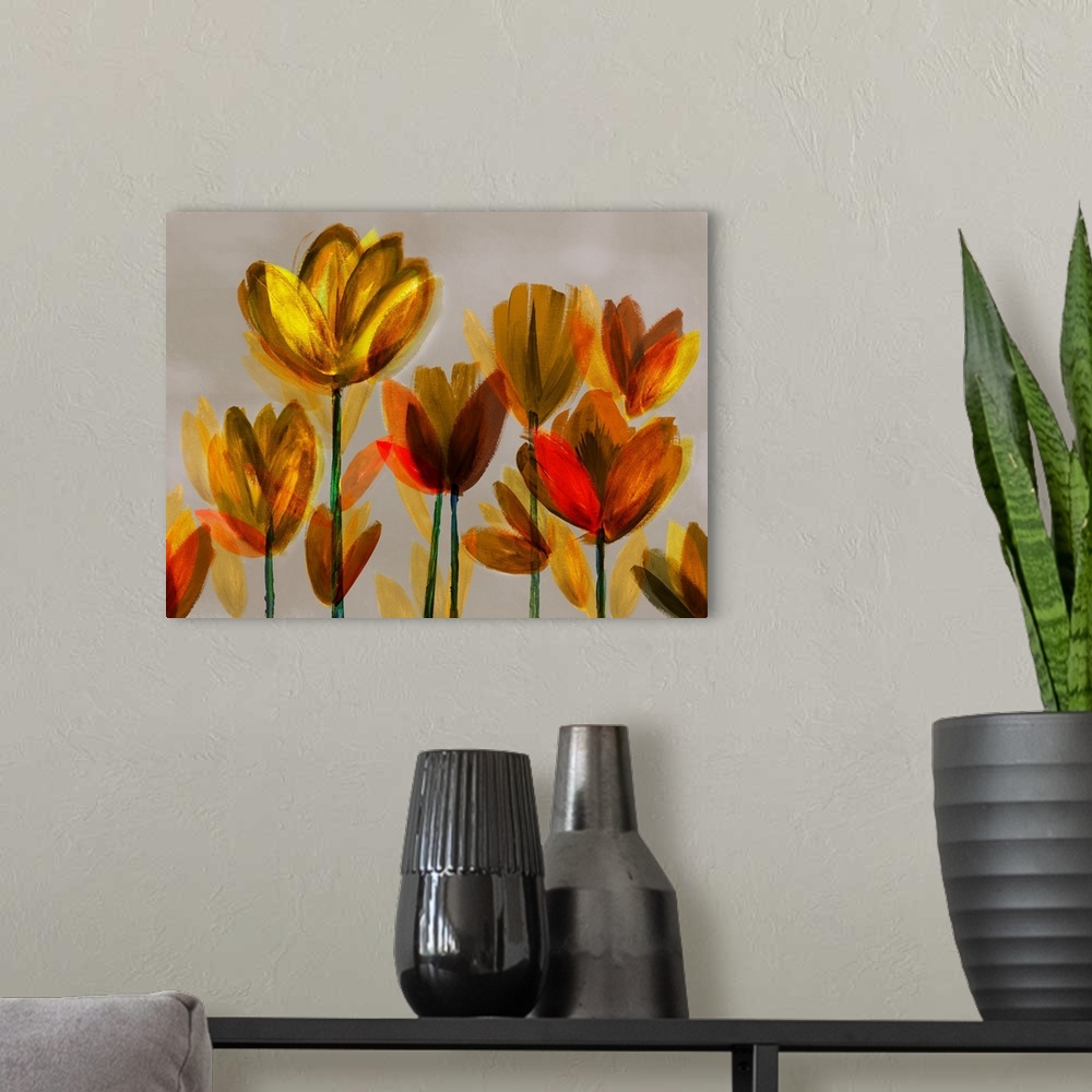 A modern room featuring A contemporary painting of bright yellow and orange poppies in broad brush strokes on a neutral b...