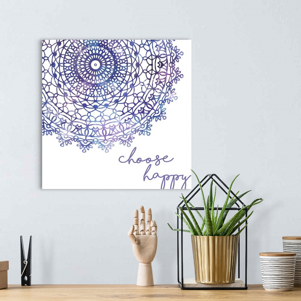 A bohemian room featuring "Choose happy" with an elaborate mandala design in shades of purple and pink on a white background.