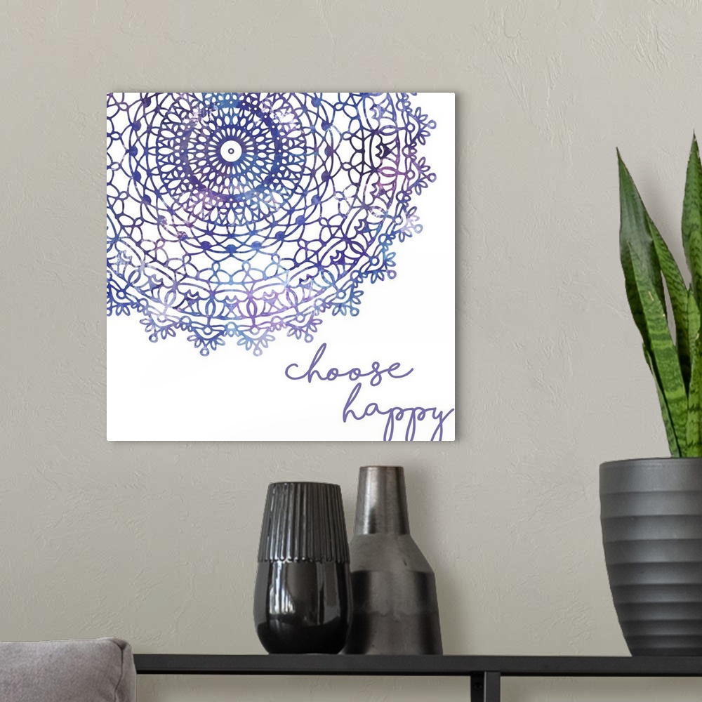 A modern room featuring "Choose happy" with an elaborate mandala design in shades of purple and pink on a white background.