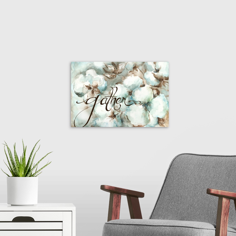 A modern room featuring "Gather" in black over a watercolor painting of cotton balls in shades of blue and white.