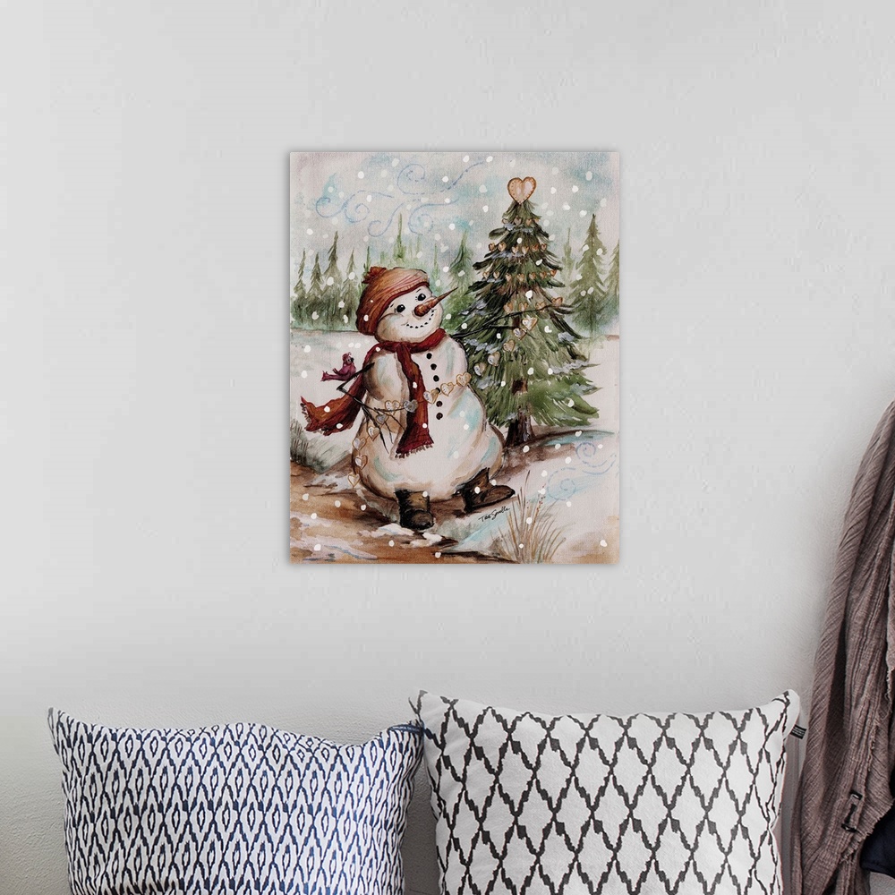 A bohemian room featuring Artistic holiday image of a snowman decorating a tree in the country during a snow fall.