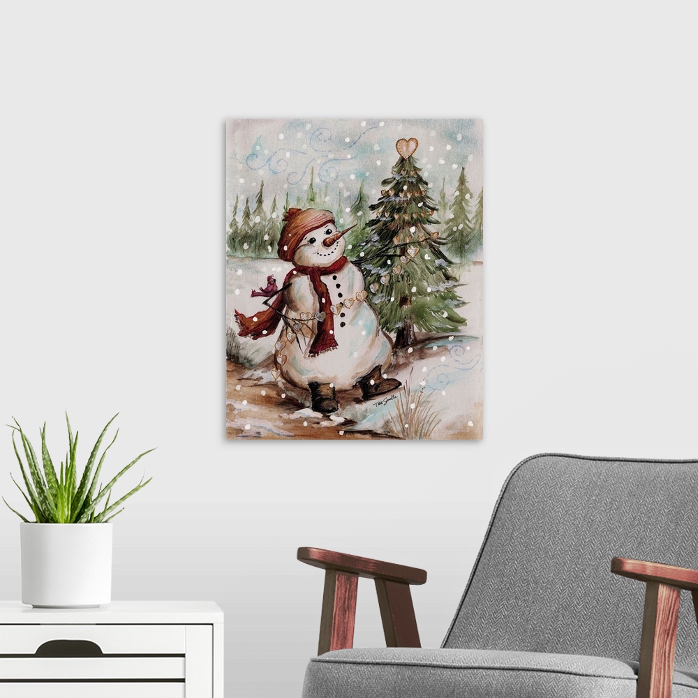 A modern room featuring Artistic holiday image of a snowman decorating a tree in the country during a snow fall.