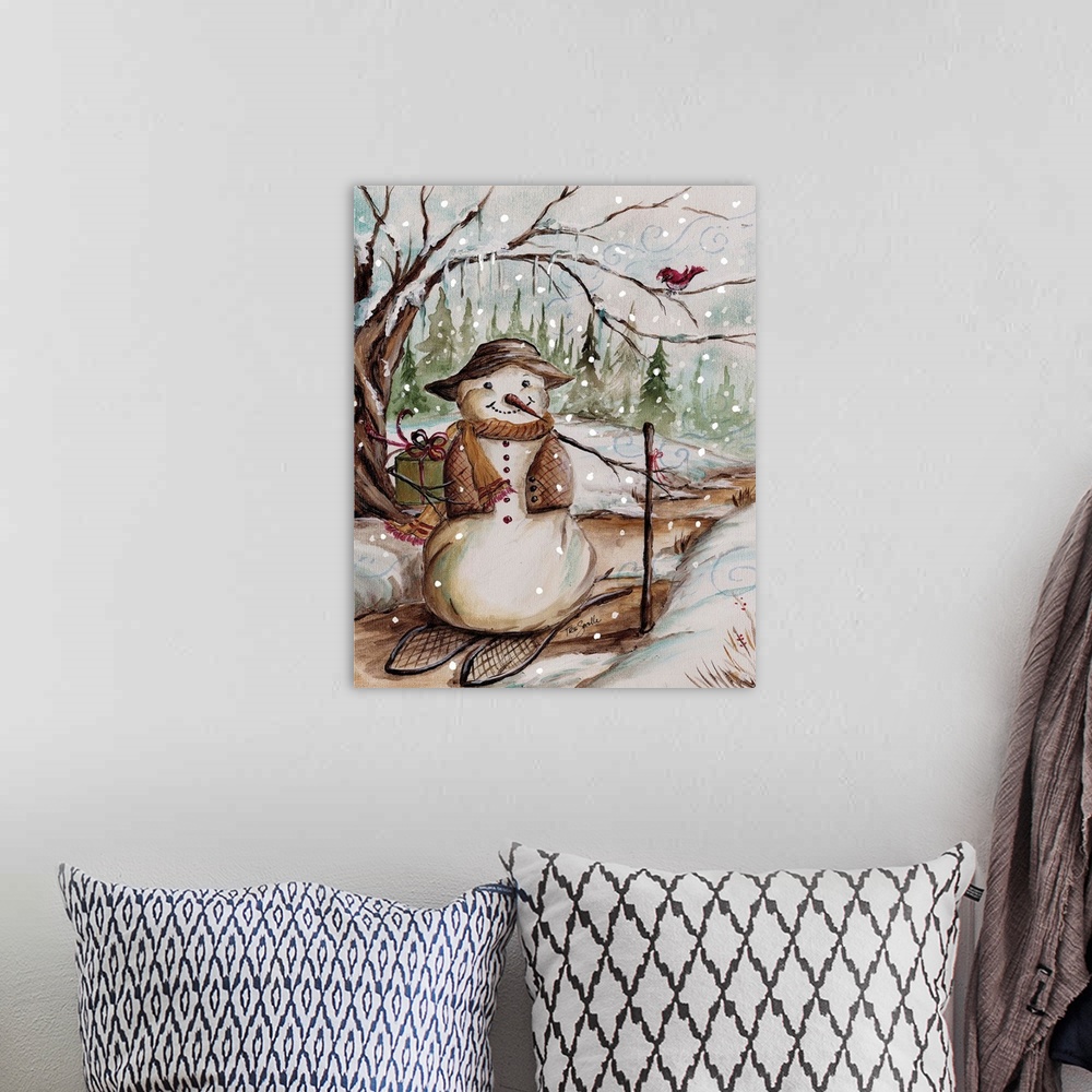 A bohemian room featuring Decorative holiday image of a snowman carrying a gift in the country during a snow fall.
