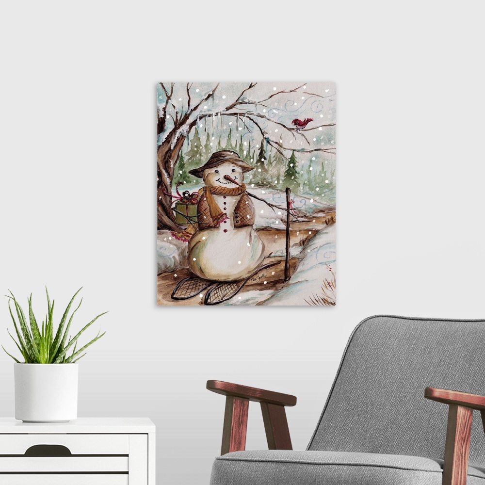A modern room featuring Decorative holiday image of a snowman carrying a gift in the country during a snow fall.