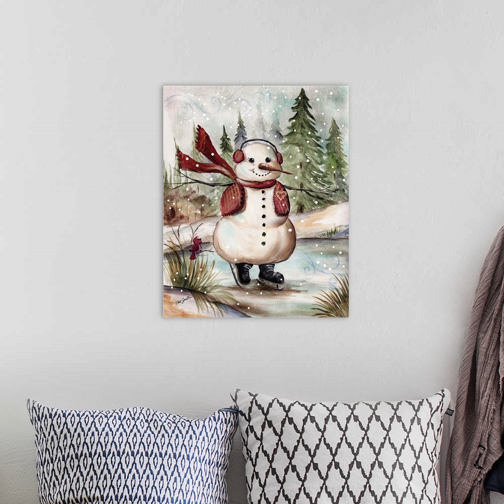 A bohemian room featuring Decorative holiday image of a snowman ice skating in the country during a snow fall.