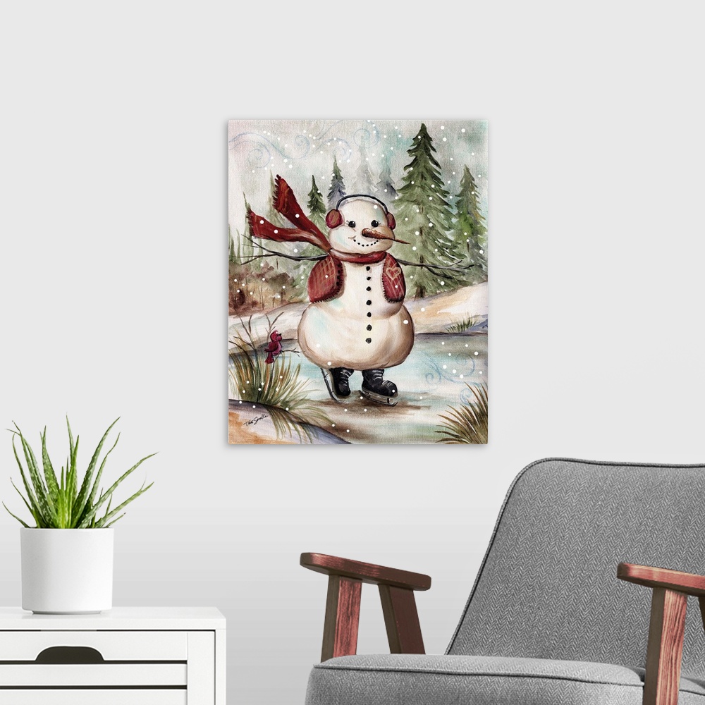 A modern room featuring Decorative holiday image of a snowman ice skating in the country during a snow fall.