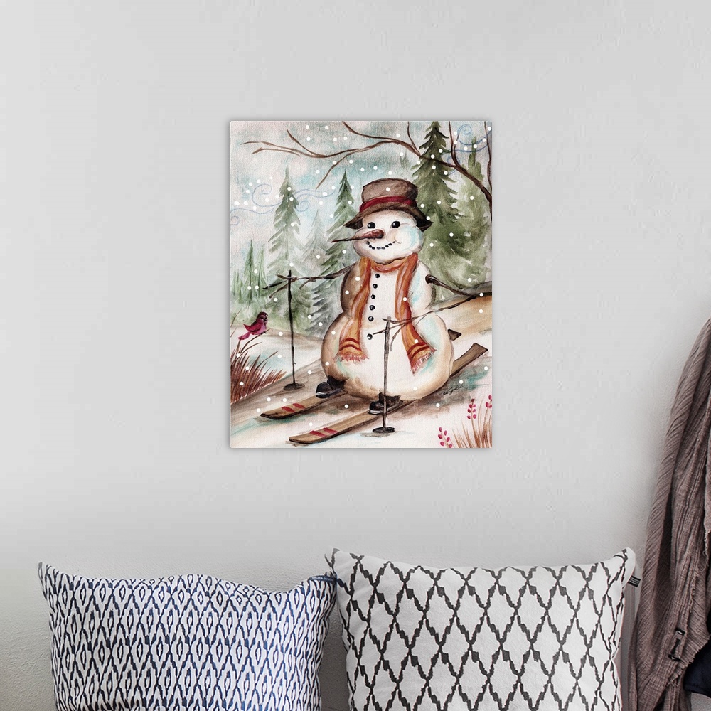 A bohemian room featuring Decorative holiday image of a snowman skiing in the country during a snow fall.