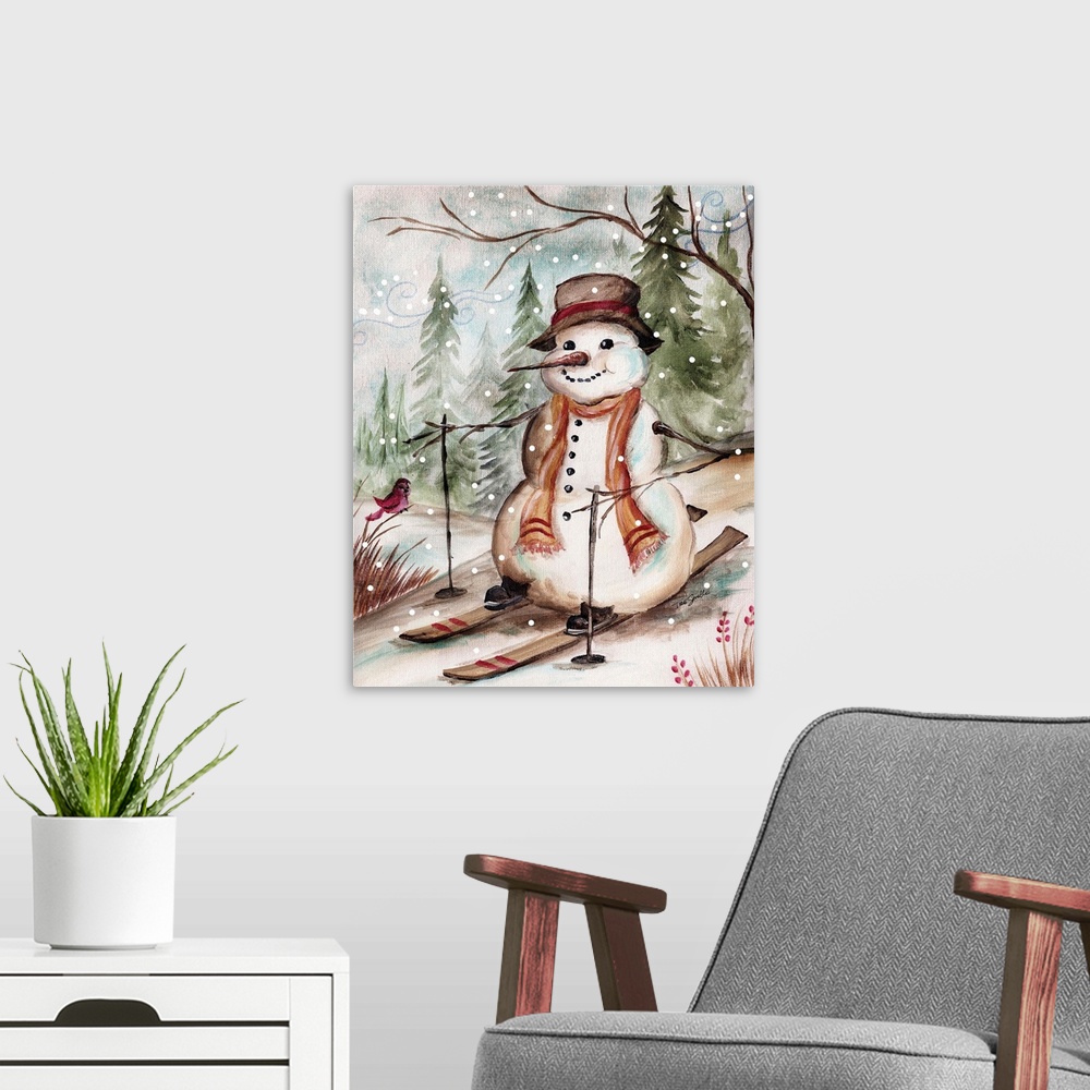 A modern room featuring Decorative holiday image of a snowman skiing in the country during a snow fall.