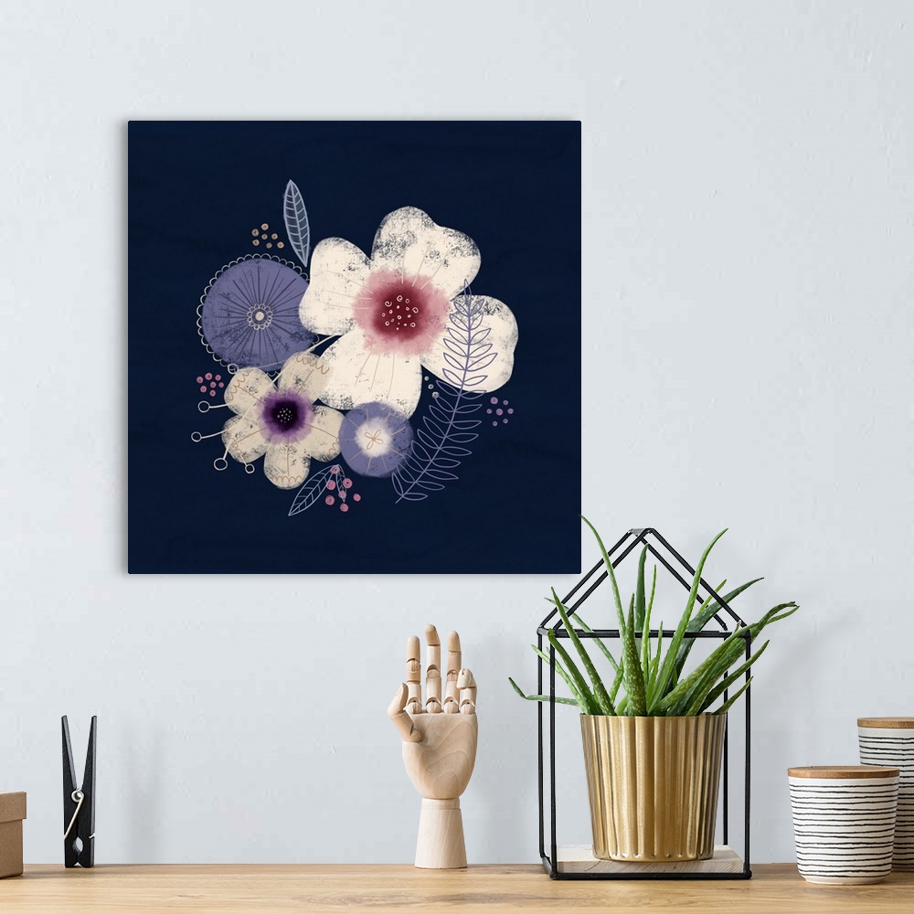 A bohemian room featuring Modern artwork of purple and white flowers on a navy backdrop.