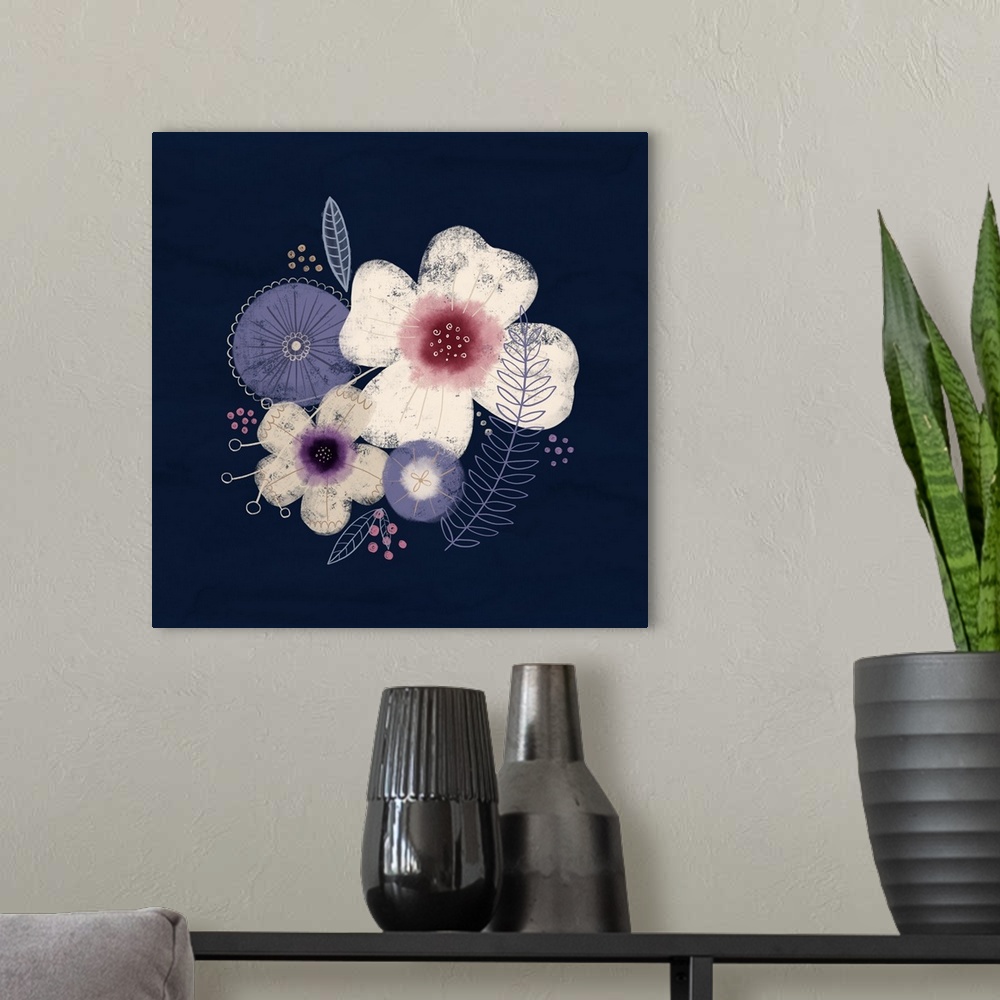 A modern room featuring Modern artwork of purple and white flowers on a navy backdrop.