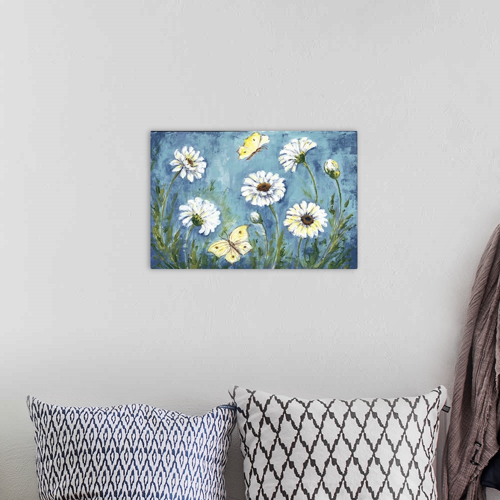 A bohemian room featuring A contemporary painting of a meadow of white daisies and yellow butterflies.