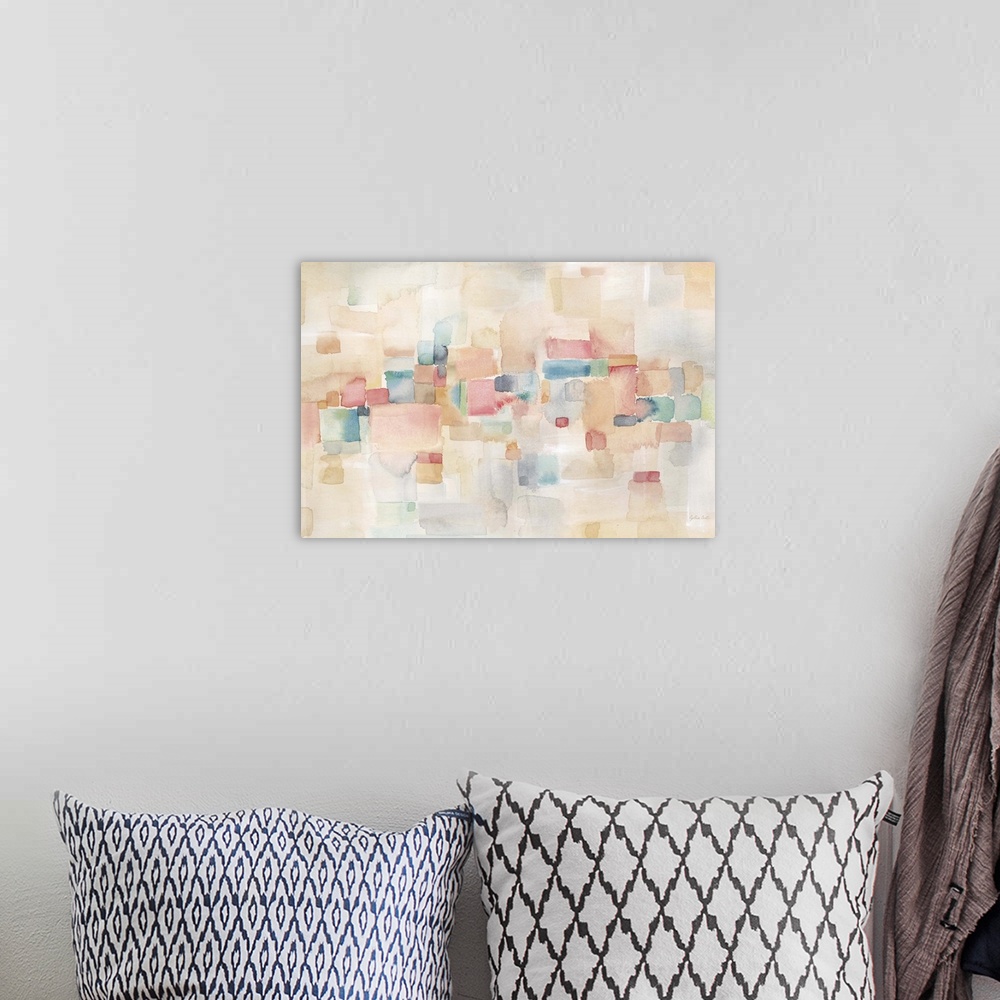 A bohemian room featuring Horizontal abstract watercolor painting in blurred square shapes in muted tones of pink, blue and...