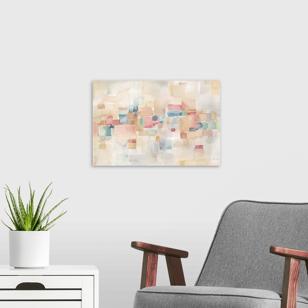 A modern room featuring Horizontal abstract watercolor painting in blurred square shapes in muted tones of pink, blue and...