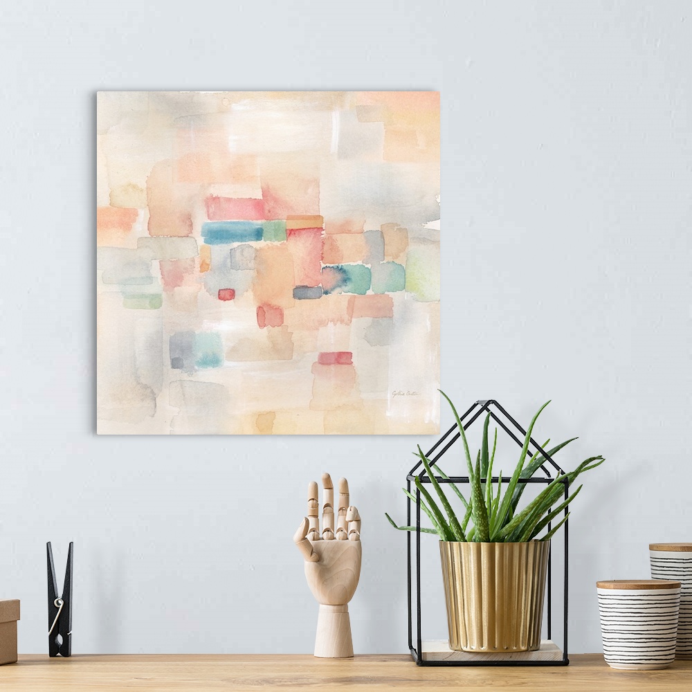 A bohemian room featuring Square abstract watercolor painting in of blurred square shapes in muted tones of pink, blue and ...