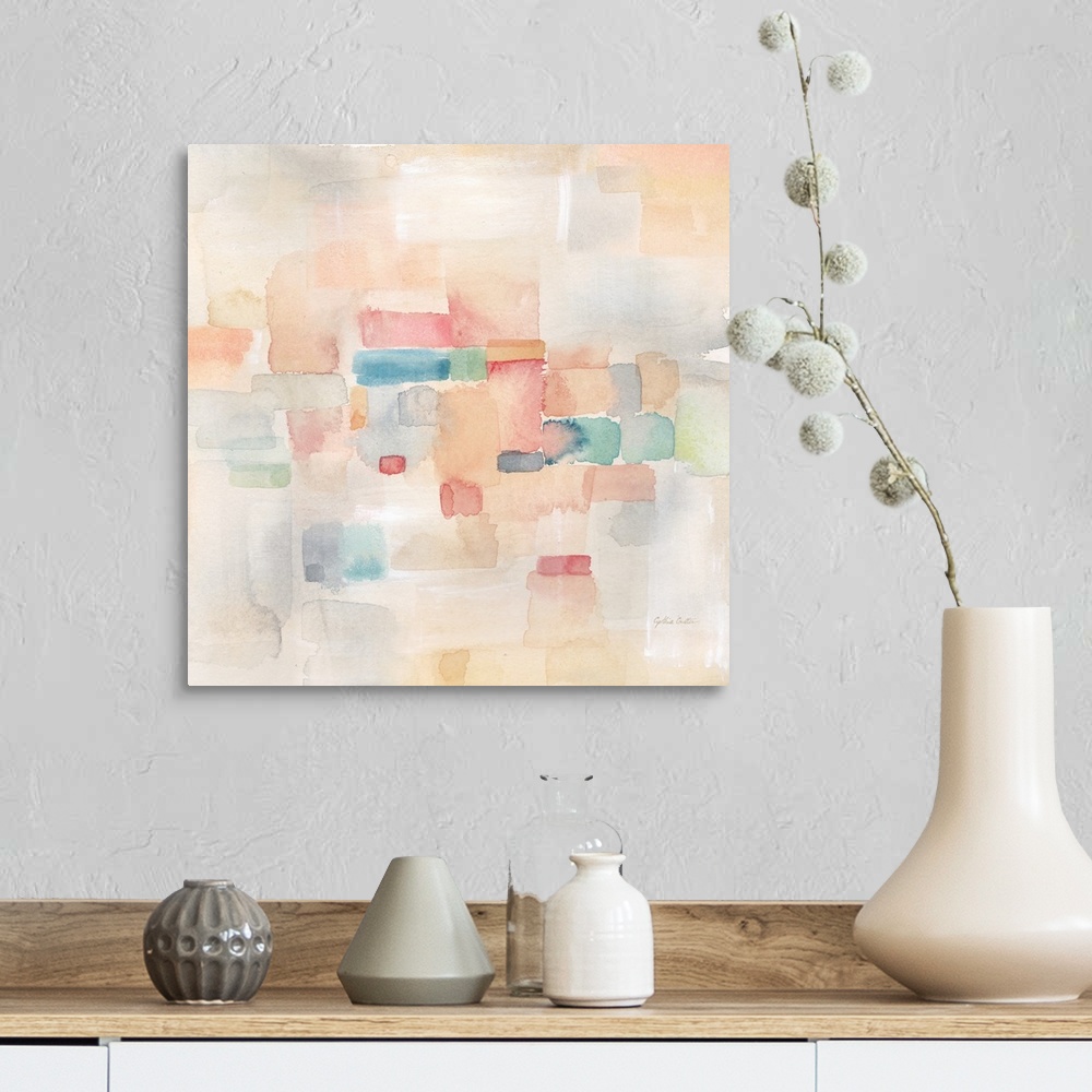 A farmhouse room featuring Square abstract watercolor painting in of blurred square shapes in muted tones of pink, blue and ...