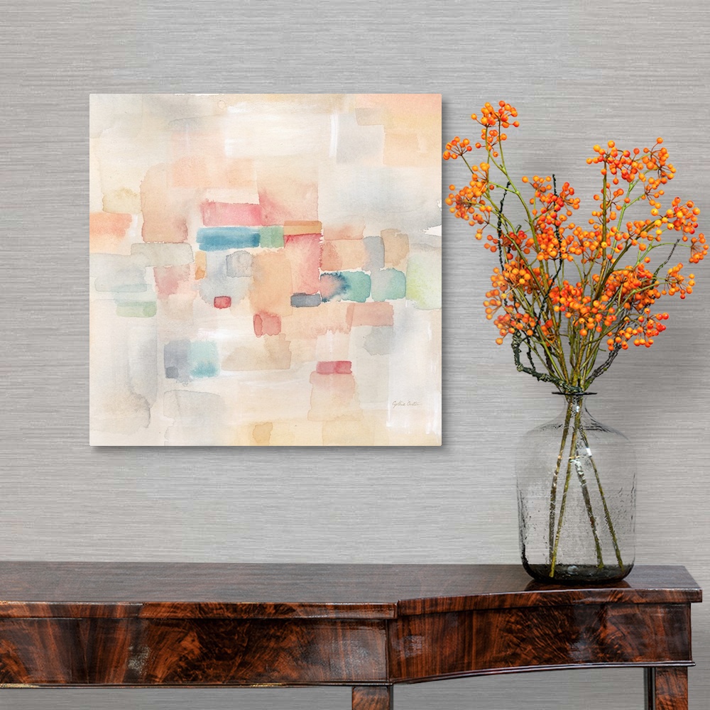 A traditional room featuring Square abstract watercolor painting in of blurred square shapes in muted tones of pink, blue and ...