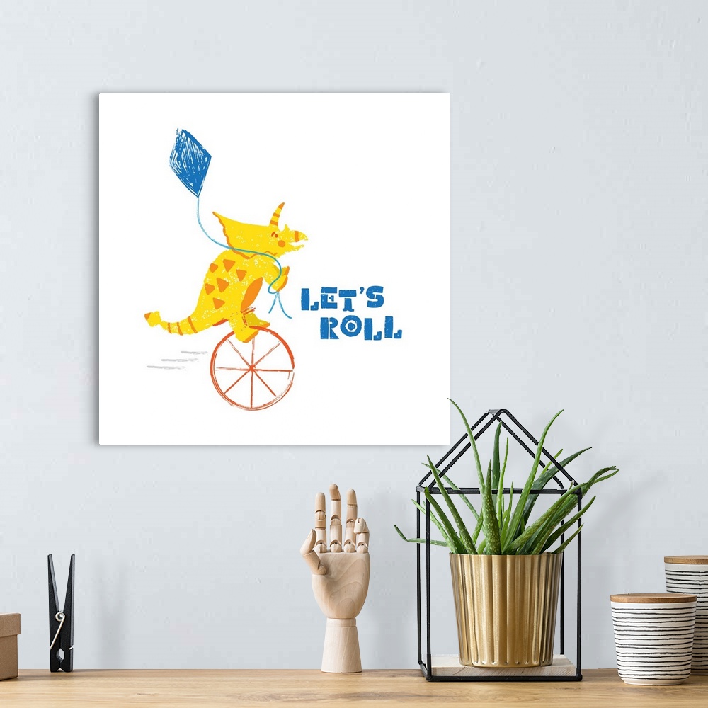 A bohemian room featuring A darling illustration of a yellow dinosaur on an unicycle with a kite and "Let's Roll" on a whit...