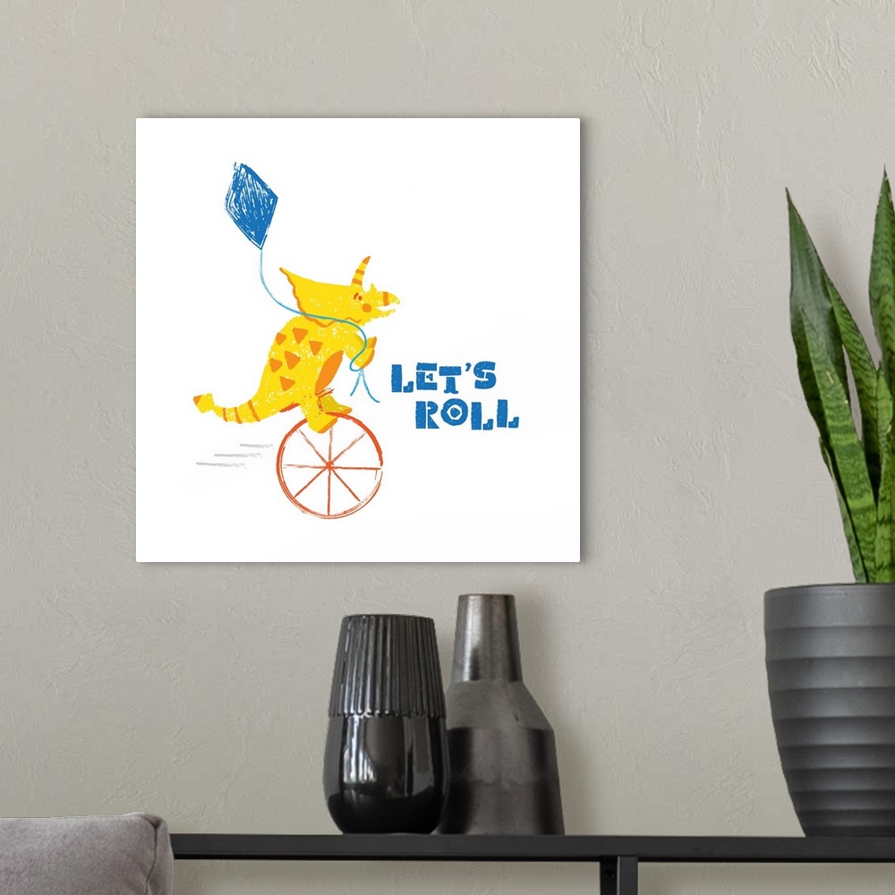 A modern room featuring A darling illustration of a yellow dinosaur on an unicycle with a kite and "Let's Roll" on a whit...