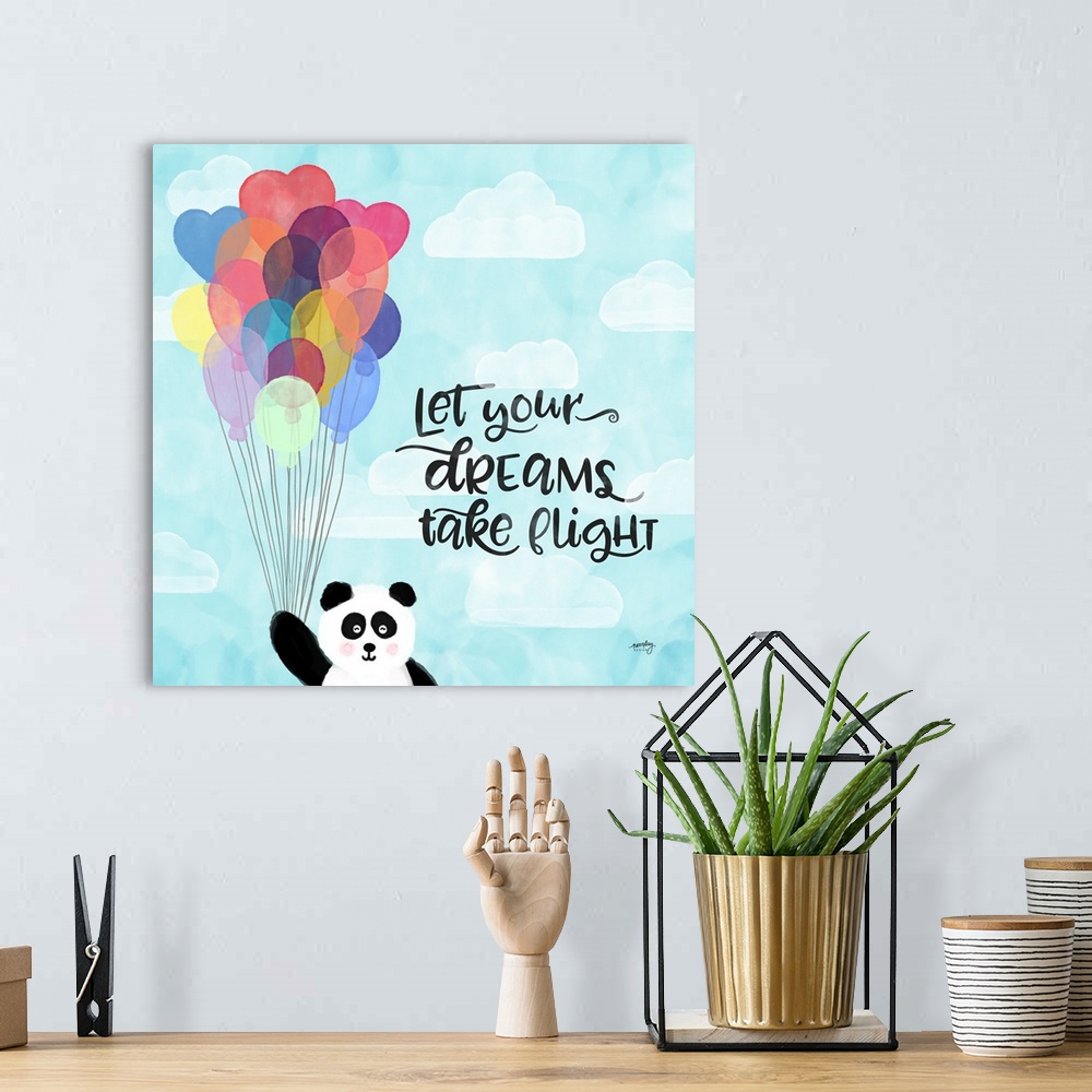 A bohemian room featuring "Let your dreams take flight" with a panda bear holding a large amount of colorful balloons in th...