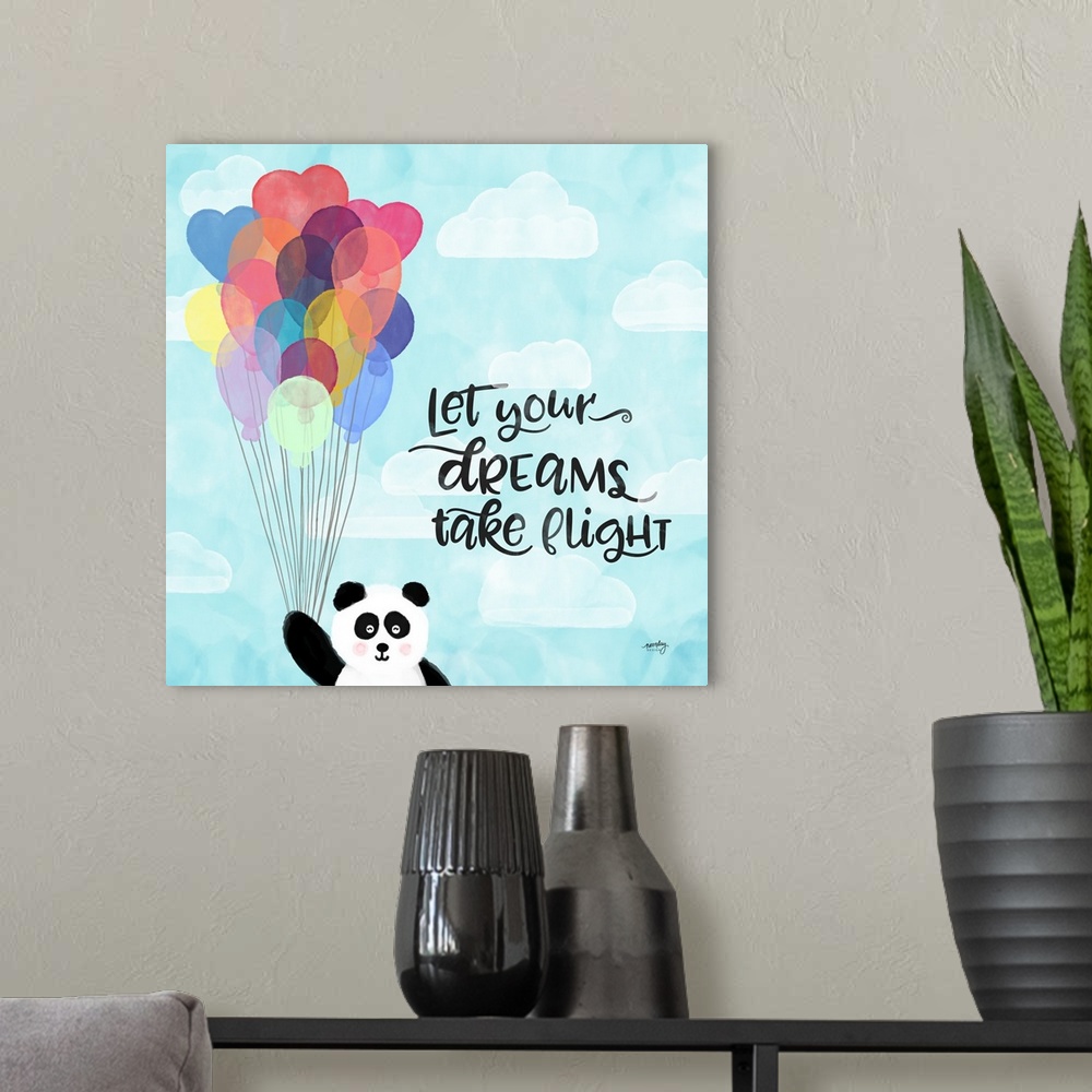 A modern room featuring "Let your dreams take flight" with a panda bear holding a large amount of colorful balloons in th...