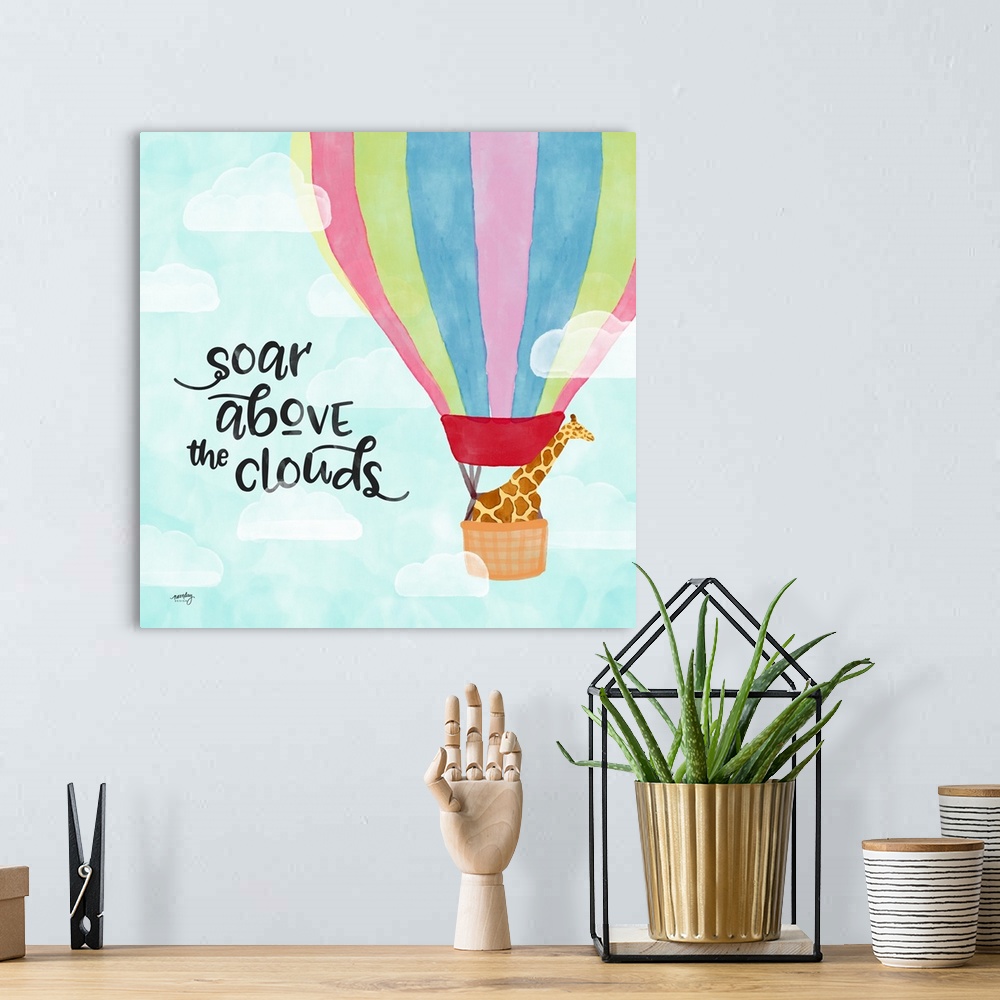 A bohemian room featuring "Soar above the clouds" with a giraffe riding a colorful hot air balloon in the sky.
