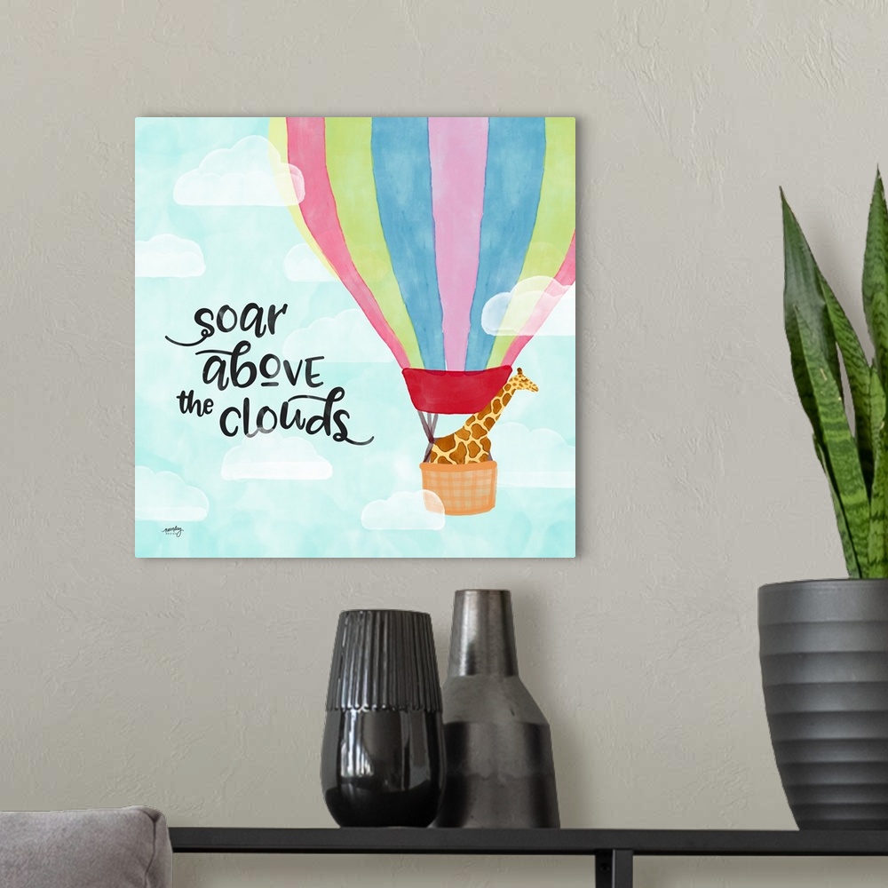 A modern room featuring "Soar above the clouds" with a giraffe riding a colorful hot air balloon in the sky.