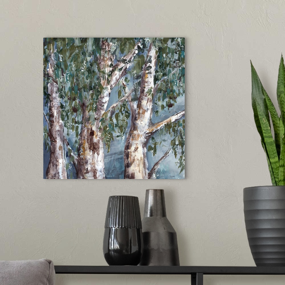 A modern room featuring A square contemporary painting of a group of eucalyptus trees in textured muted tones.