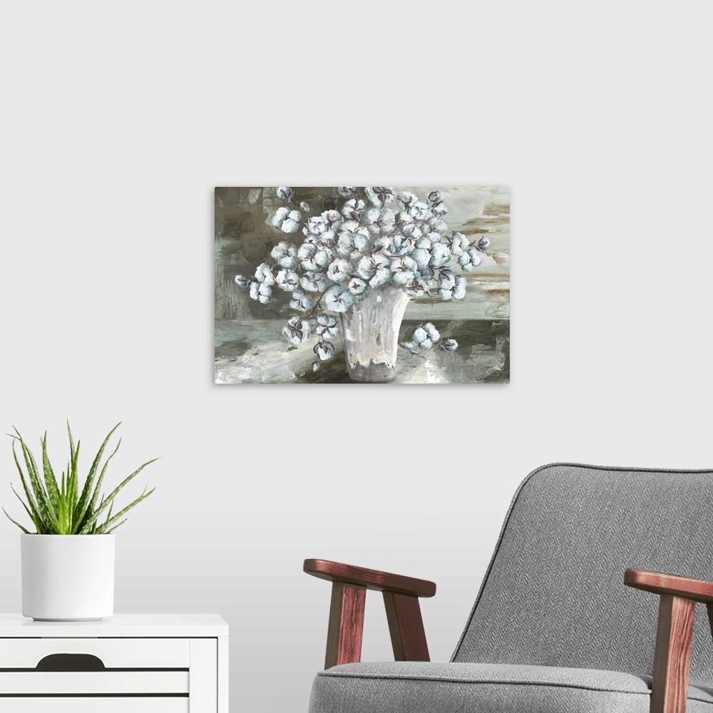 A modern room featuring A decorative painting of a vase full of white cotton balls in subdue tones.