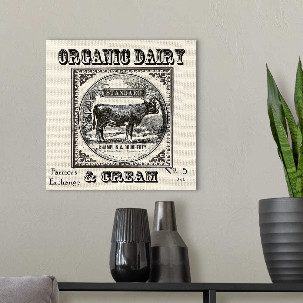 A modern room featuring Farmhouse Grain Sack Label Cow