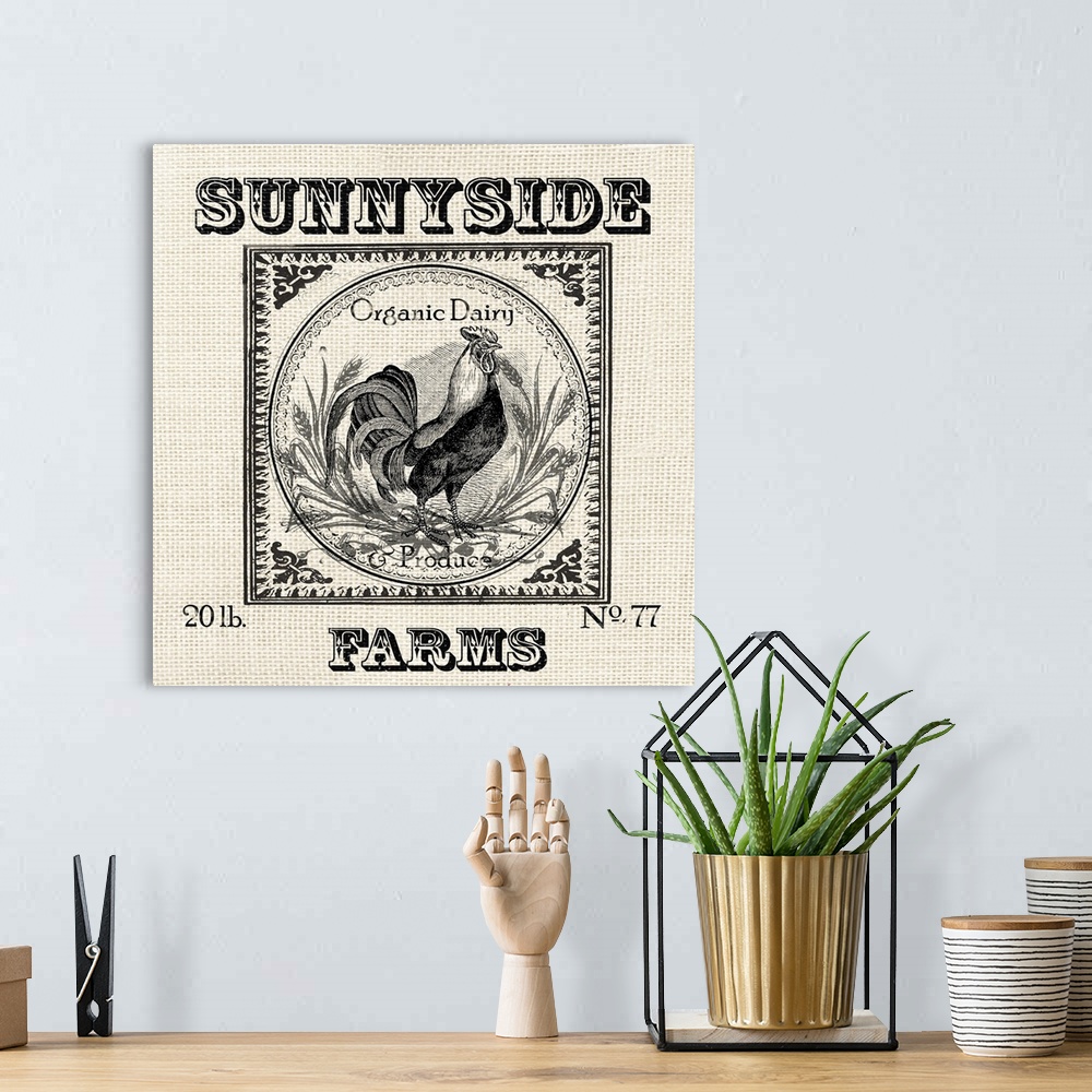 A bohemian room featuring Farmhouse Grain Sack Label Rooster