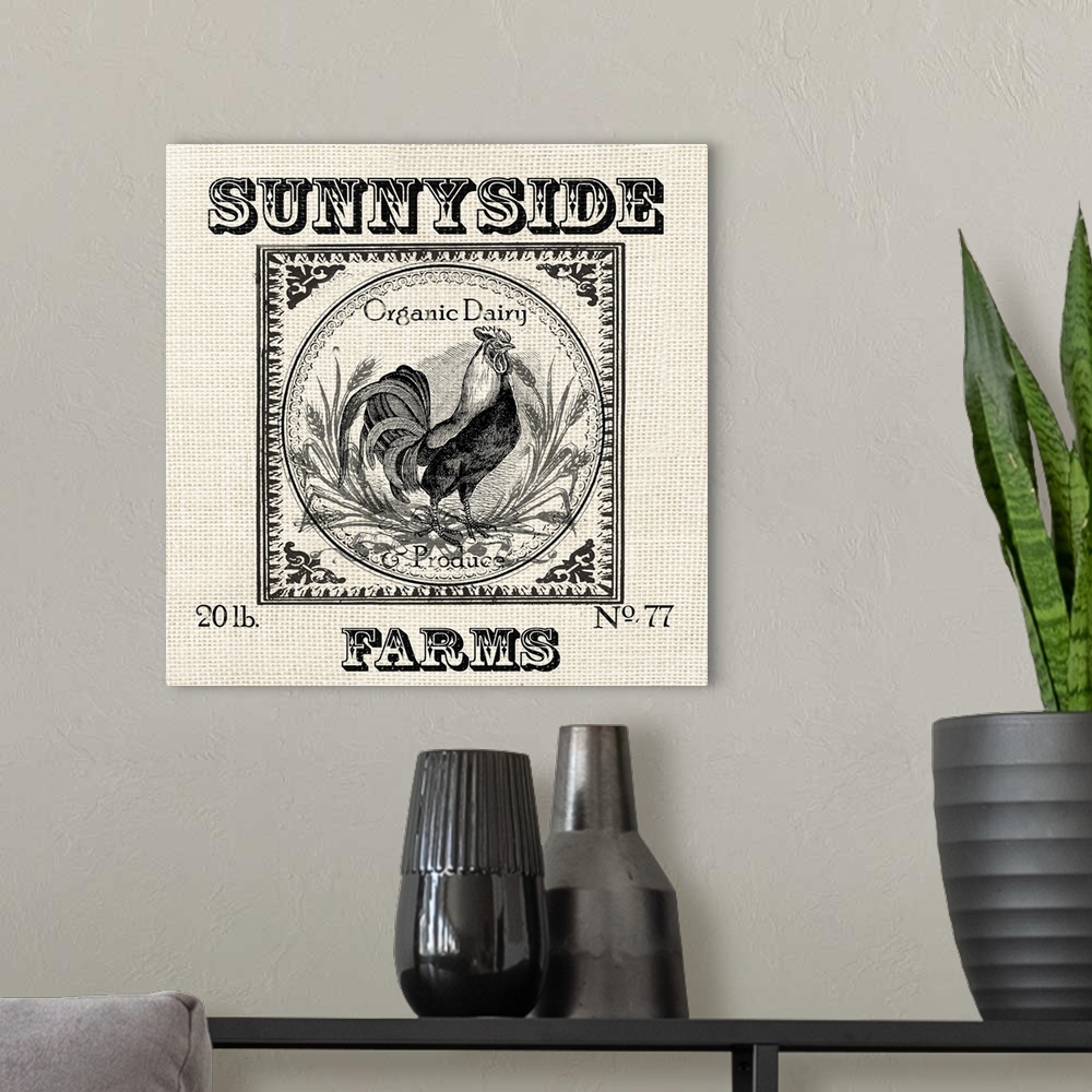 A modern room featuring Farmhouse Grain Sack Label Rooster