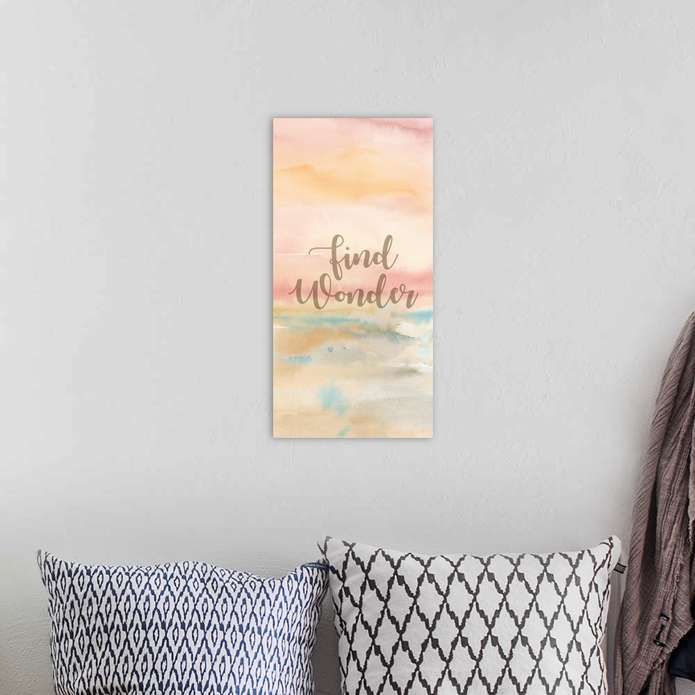 A bohemian room featuring "Find Wonder" on a pastel toned watercolor painting.