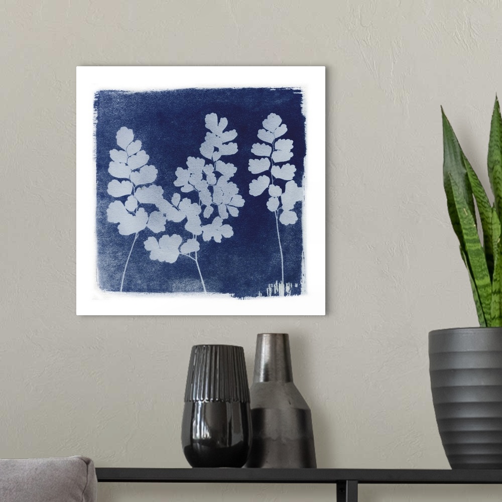 A modern room featuring Creative artwork in the style of a cyanotype of ferns with a rough white border.