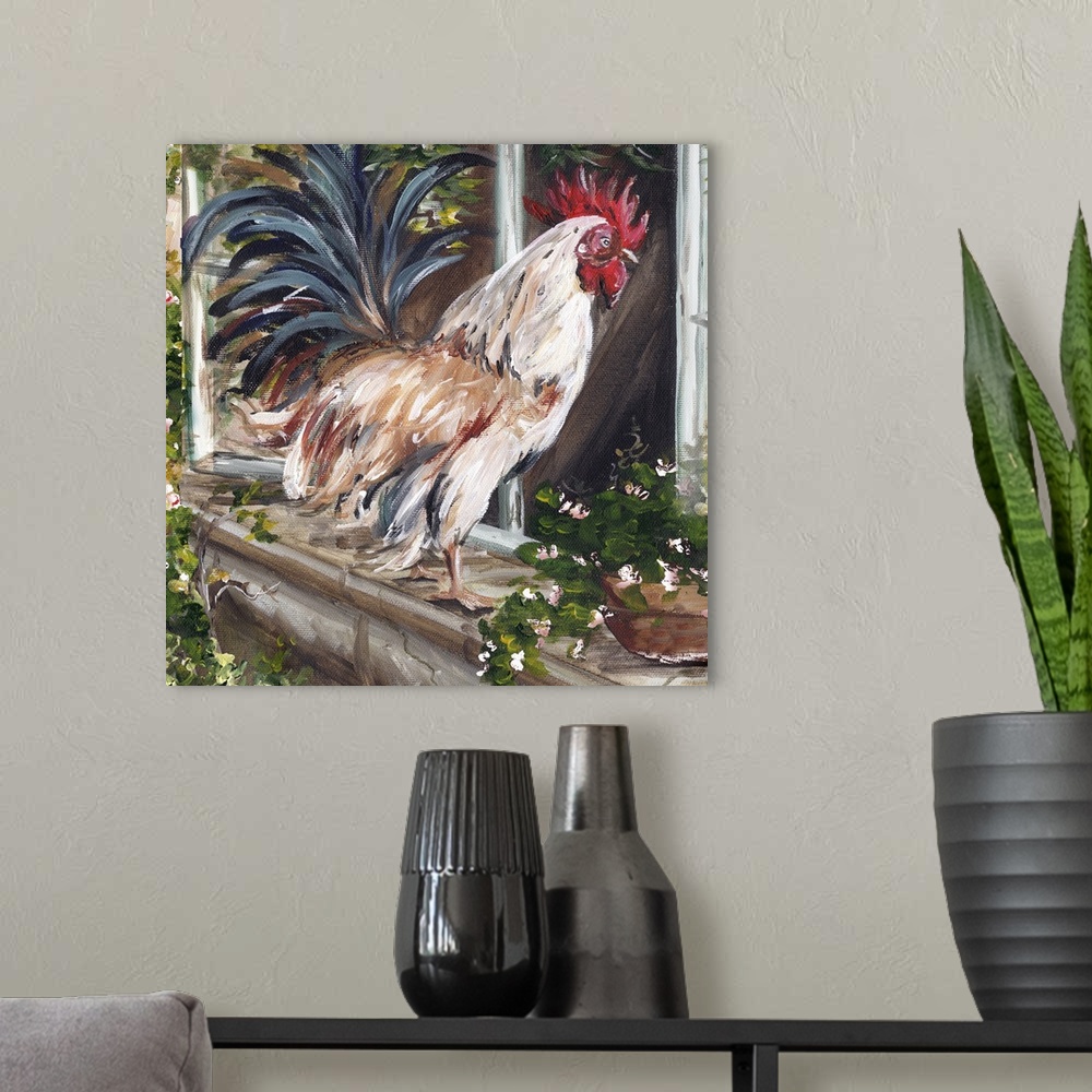 A modern room featuring Square contemporary painting in a traditional style of a white and brown rooster perched on a win...
